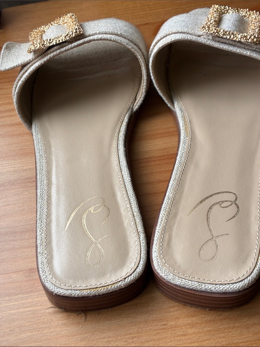 Neutral Beige Slide Mules with Gold Buckle - Picture 4 of 12